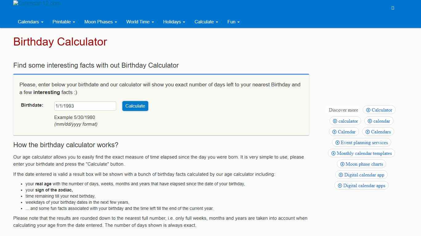 Birthday Calculator - Calendar-12.com